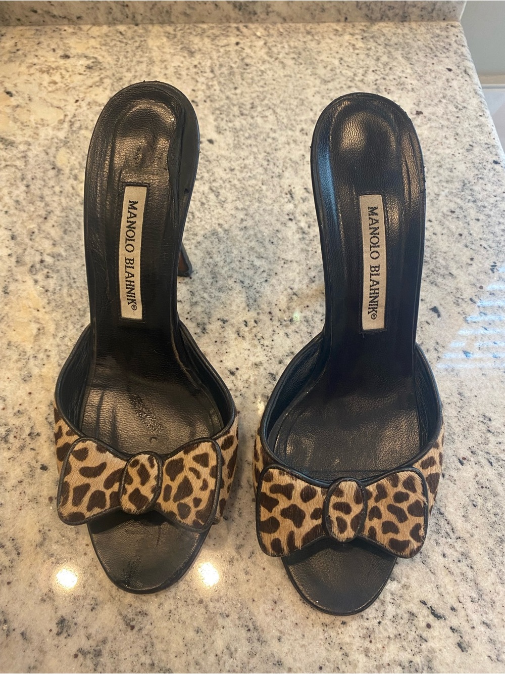 Manolo Blahnik Black Leather Slide Heels with Leopard Bow